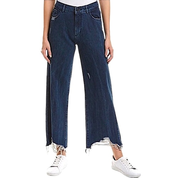 DL1961 Hepburn High Rise Wide Leg Industry Distressed Jeans Blue Dark Wash - Picture 1 of 8